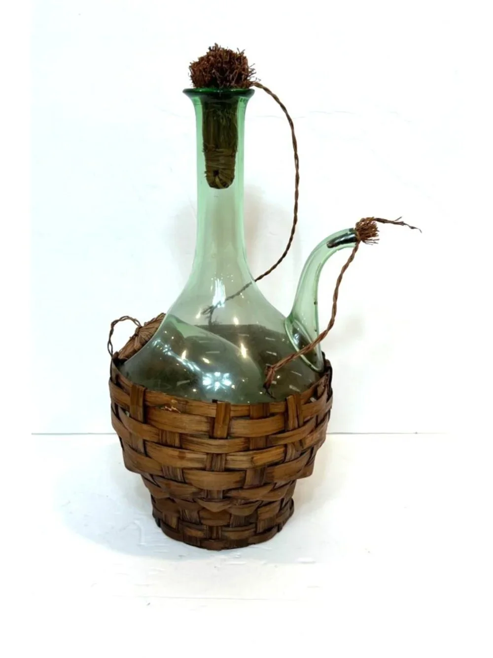 Vintage Green Glass Italian Decanter Woven Basket Mid Century Modern Barware